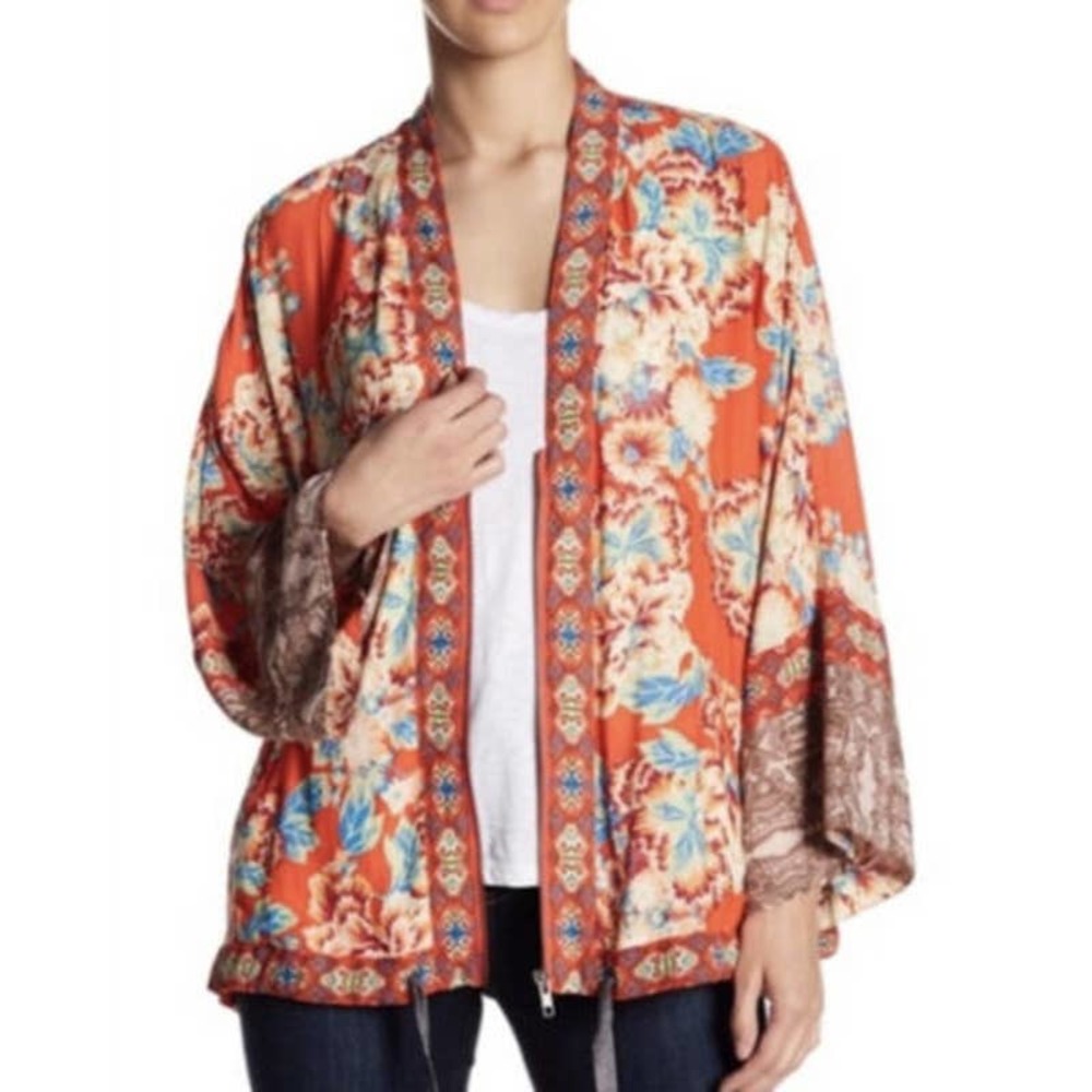 Free People Wildflower Zip Front Kimono Orange Floral Top Jacket Womens M/L
